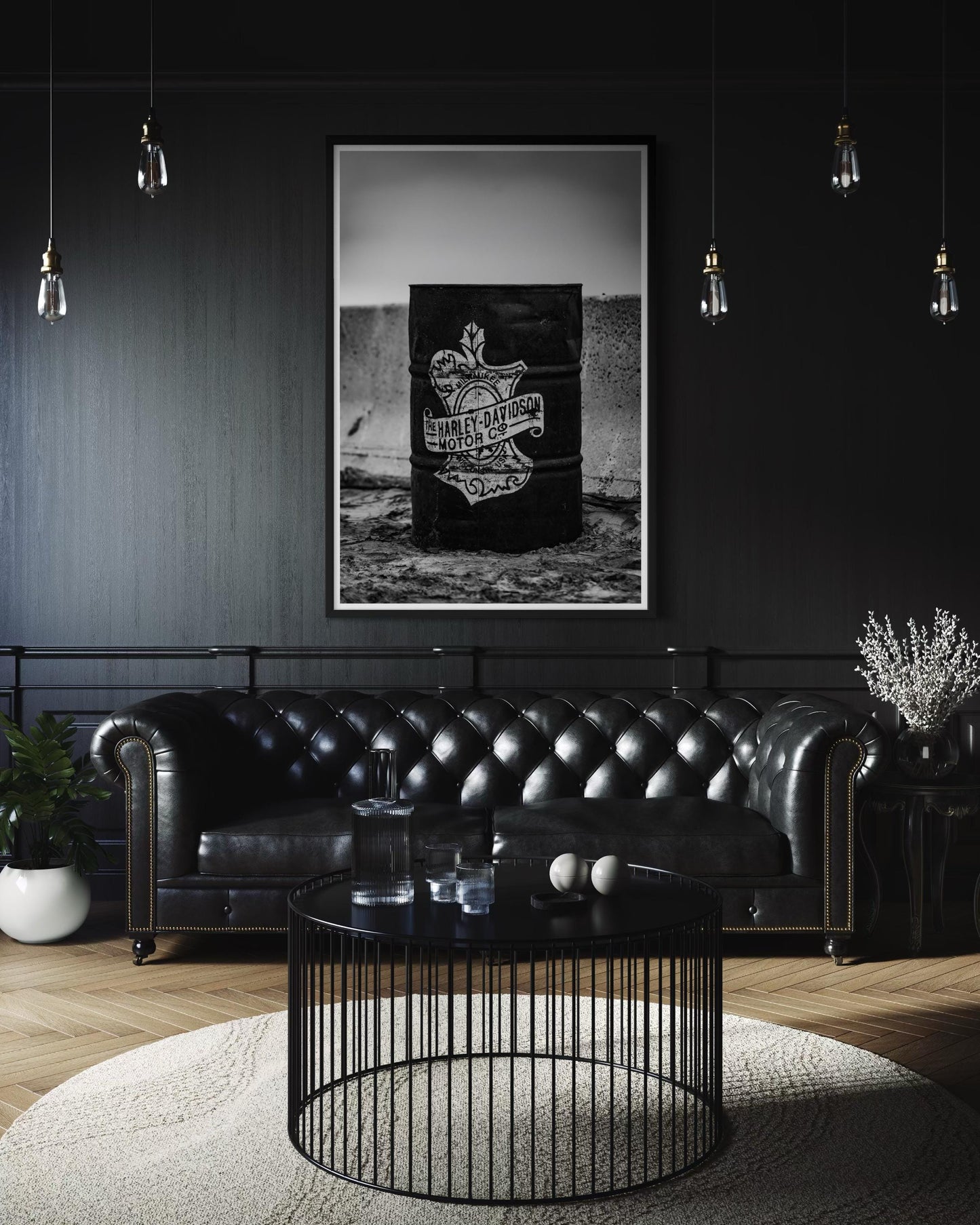 Fine Art Print - Harley Davidson Barrel Wall Art | Black & White Motorcycle Garage Decor | Photography Print for Biker Mancave Decor