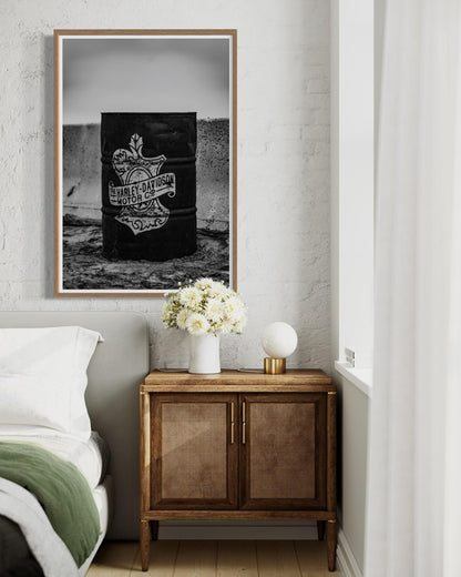 Fine Art Print - Harley Davidson Barrel Wall Art | Black & White Motorcycle Garage Decor | Photography Print for Biker Mancave Decor