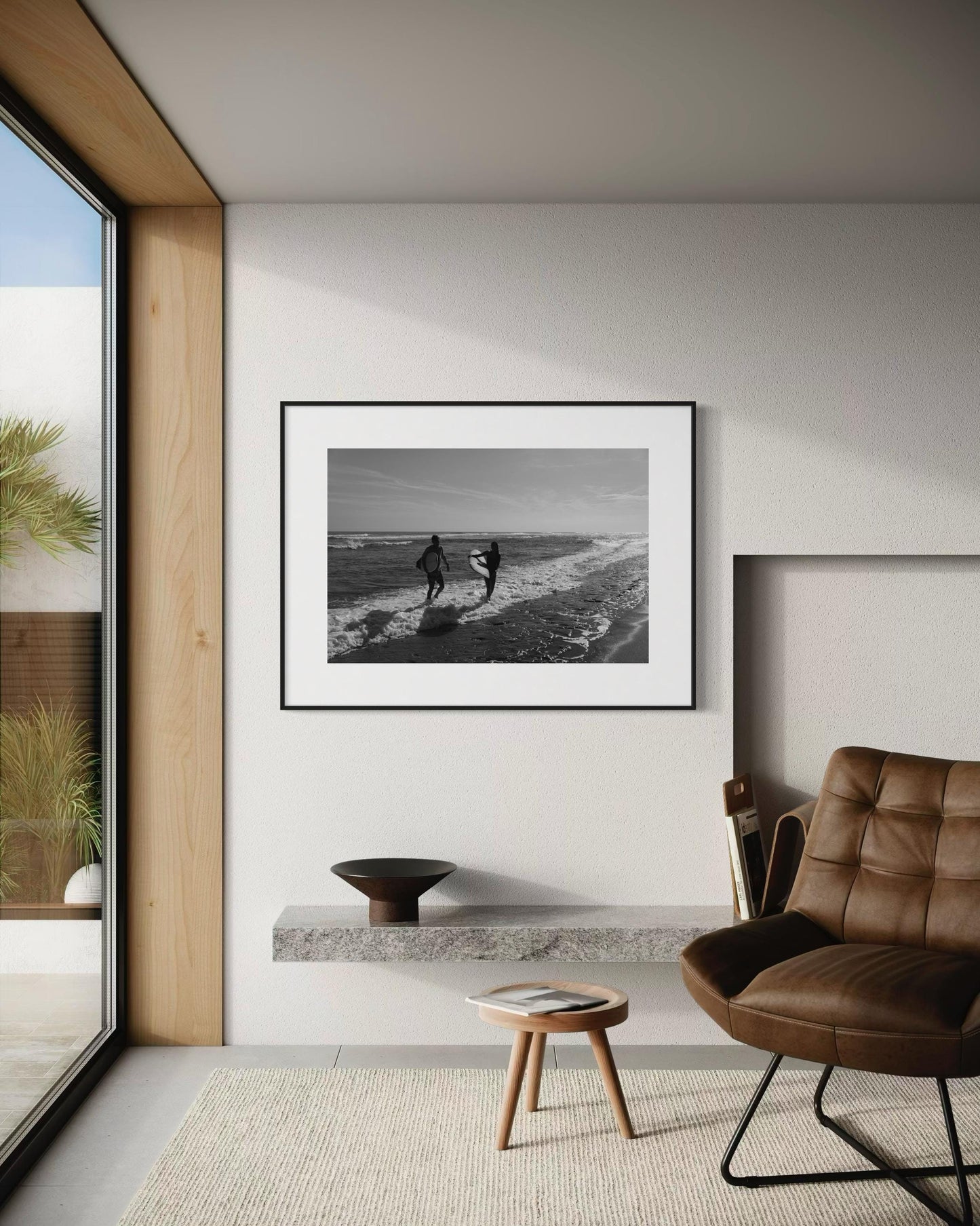 Fine Art Black and White Surf Beach Photography, Surfers on the Shoreline Art Print, Coastal Wall Decor for Ocean Lovers - California Miami