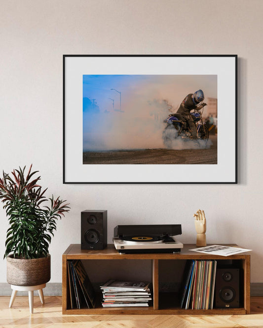 Dyna Motorcycle Burnout Wall Art - Action-Packed Sunt Rider with Smoke and Vibrant Colors - Dynamic Poster for Garage or Man Cave Decor