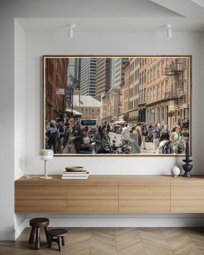 Fine Art Print - New York City Street - Cobblestone, Brick Architecture Wall Art | People, Motorcycle by Gil Stunner, Coffee Shop, Bar Decor
