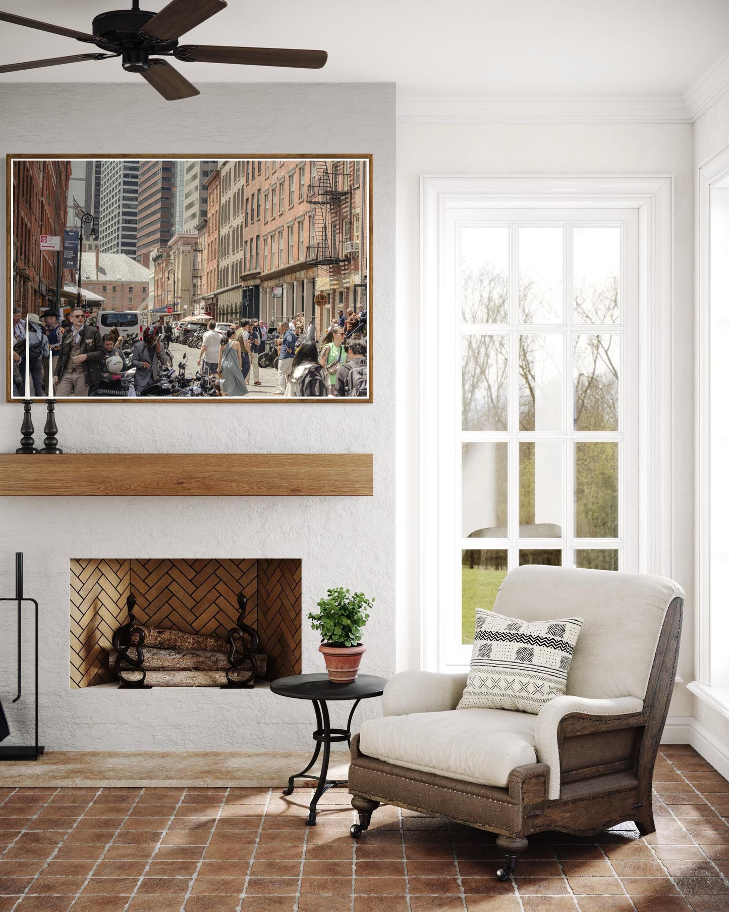 Fine Art Print - New York City Street - Cobblestone, Brick Architecture Wall Art | People, Motorcycle by Gil Stunner, Coffee Shop, Bar Decor