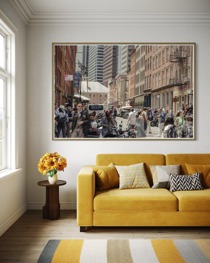 Fine Art Print - New York City Street - Cobblestone, Brick Architecture Wall Art | People, Motorcycle by Gil Stunner, Coffee Shop, Bar Decor