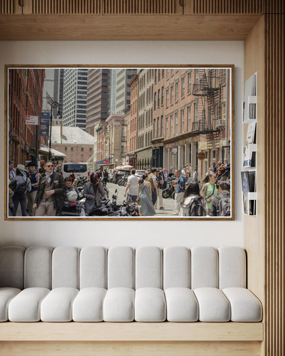 Fine Art Print - New York City Street - Cobblestone, Brick Architecture Wall Art | People, Motorcycle by Gil Stunner, Coffee Shop, Bar Decor