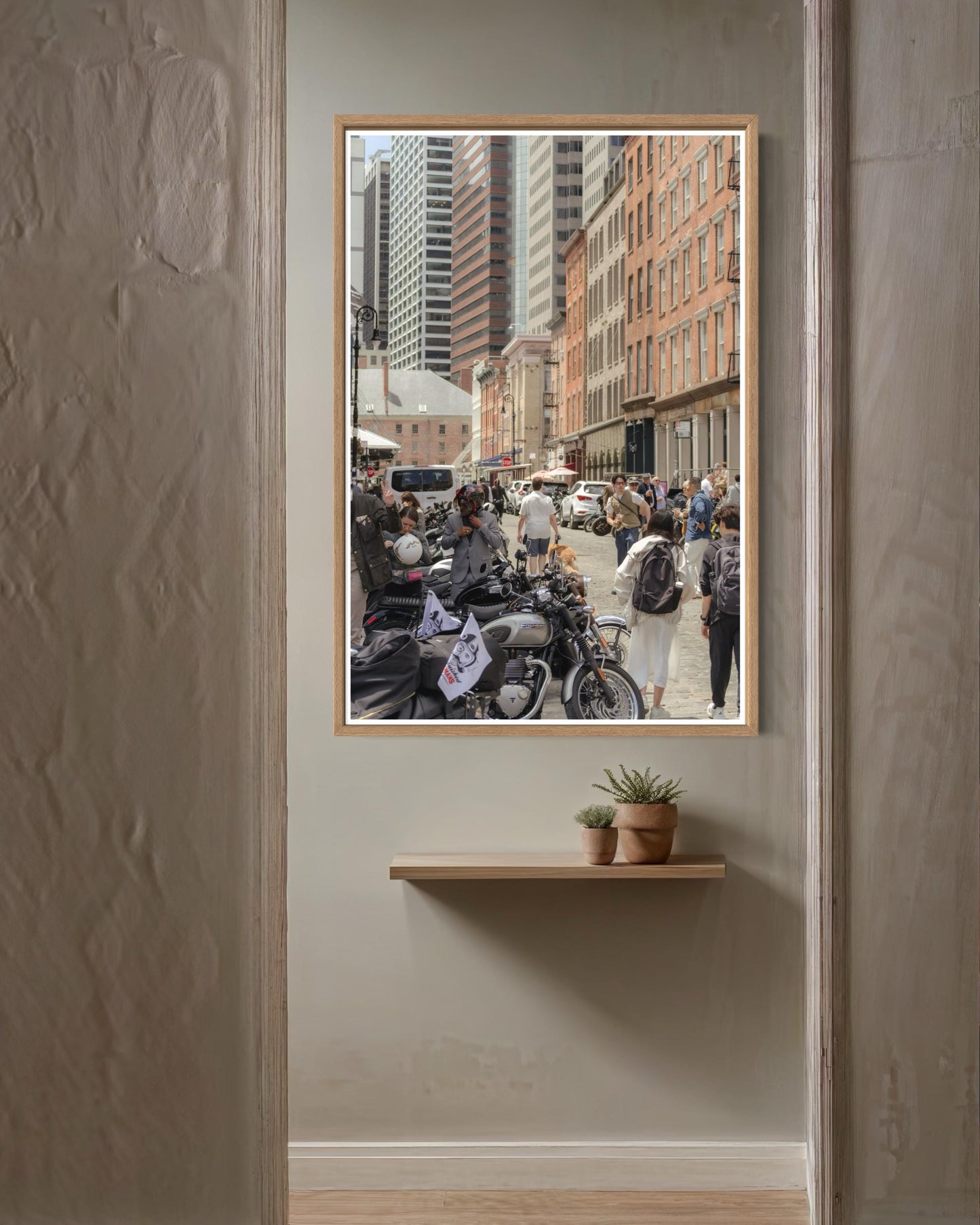 Fine Art Print - New York City Street - Cafe Racer, Cobblestone, Brick Architecture Wall Art | People, Motorcycle by Gil Stunner, Decor