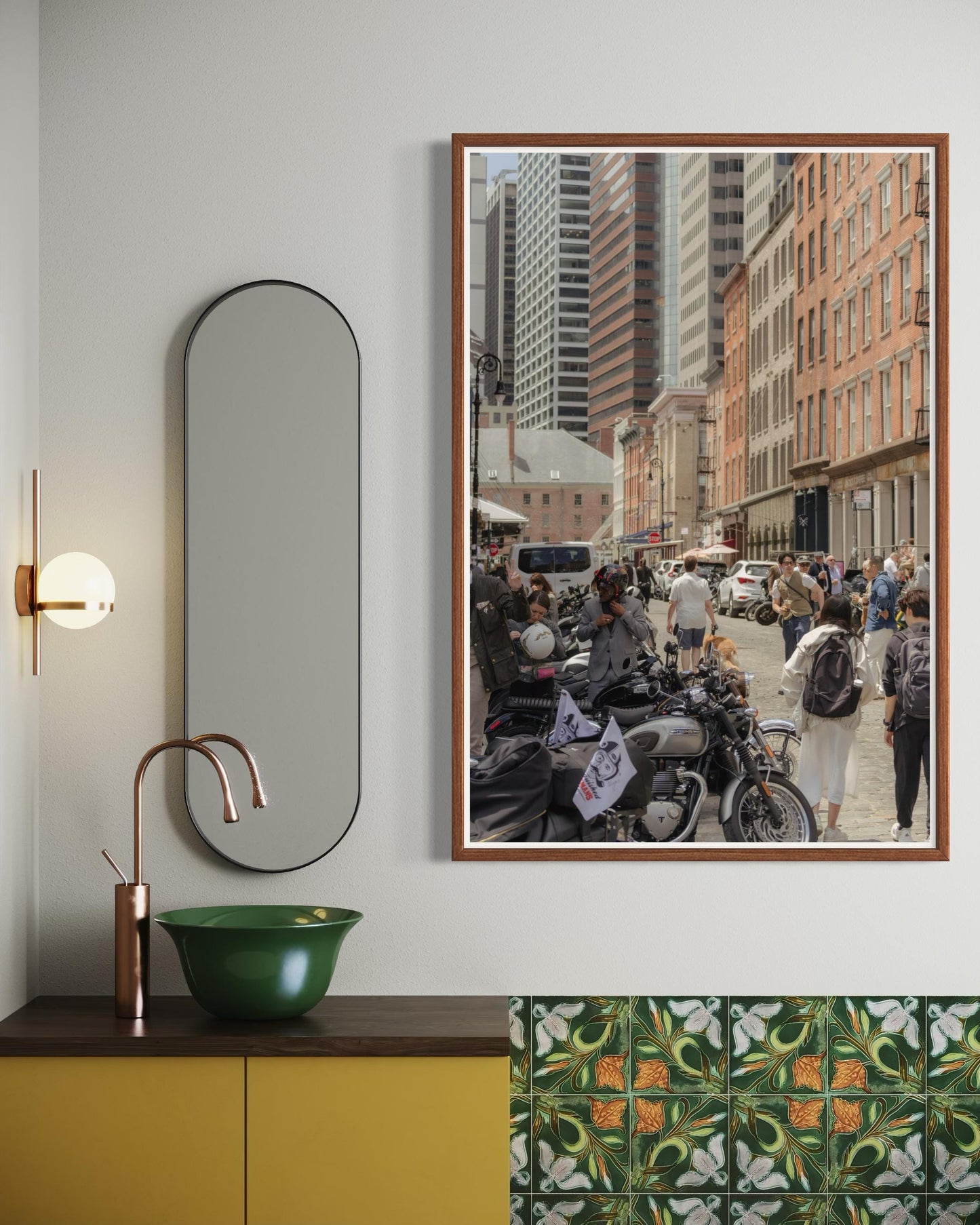 Fine Art Print - New York City Street - Cafe Racer, Cobblestone, Brick Architecture Wall Art | People, Motorcycle by Gil Stunner, Decor