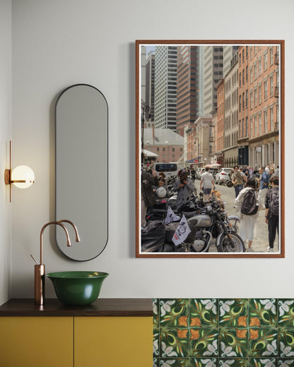 Fine Art Print - New York City Street - Cafe Racer, Cobblestone, Brick Architecture Wall Art | People, Motorcycle by Gil Stunner, Decor