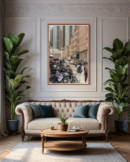 Fine Art Print - New York City Street - Cafe Racer, Cobblestone, Brick Architecture Wall Art | People, Motorcycle by Gil Stunner, Decor