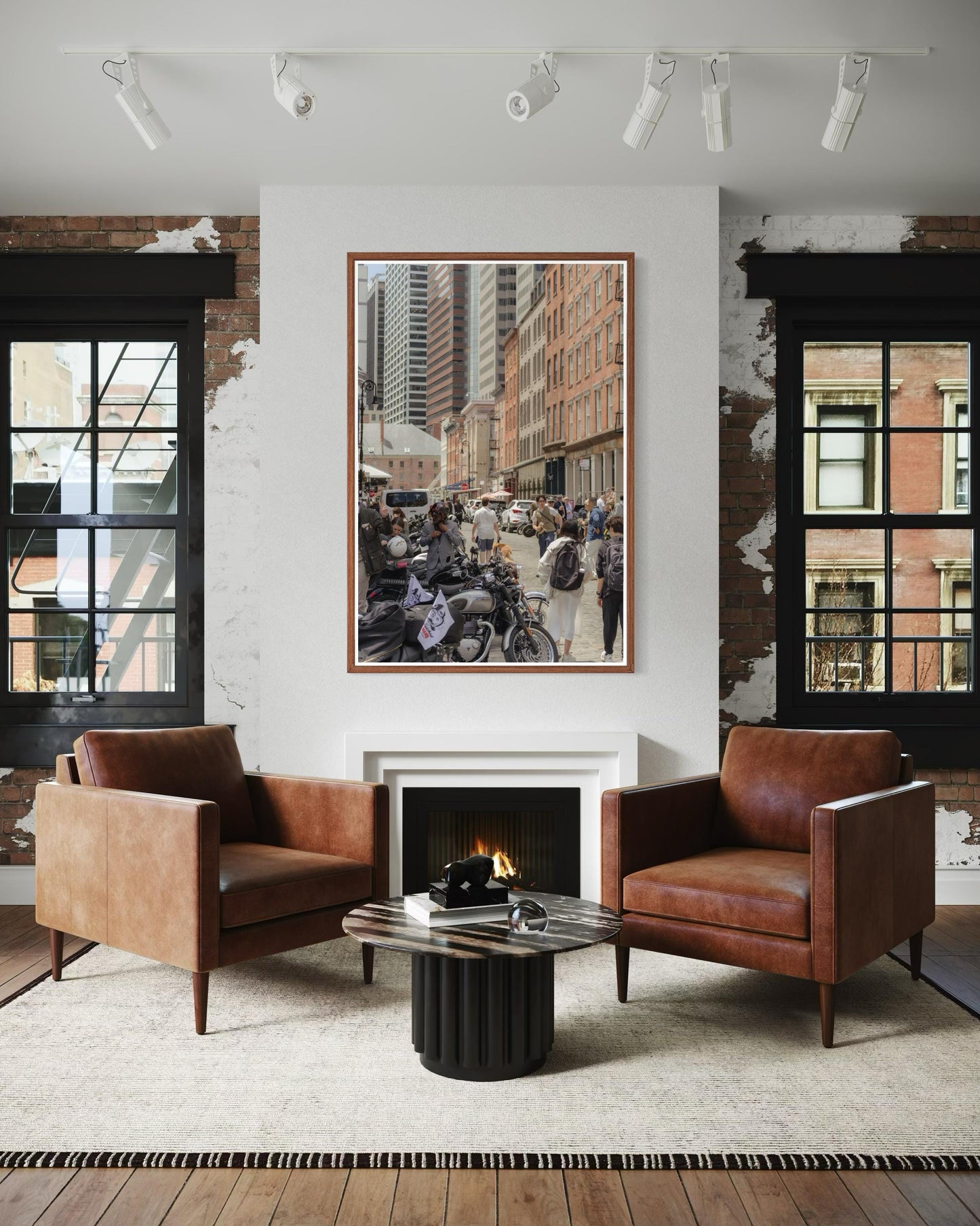 Fine Art Print - New York City Street - Cafe Racer, Cobblestone, Brick Architecture Wall Art | People, Motorcycle by Gil Stunner, Decor