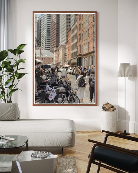 Fine Art Print - New York City Street - Cafe Racer, Cobblestone, Brick Architecture Wall Art | People, Motorcycle by Gil Stunner, Decor
