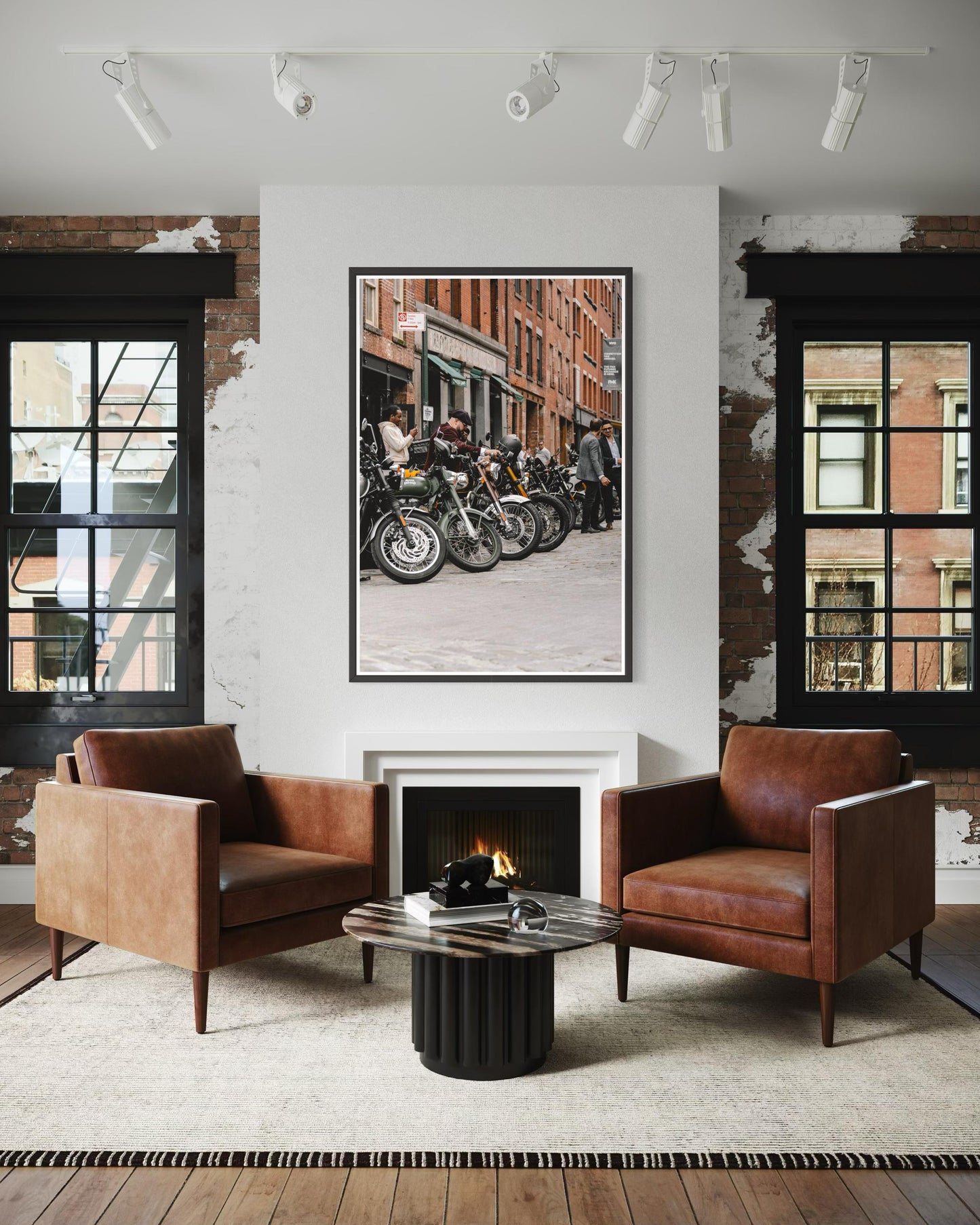 Fine Art Print - New York City Street - Royal Enfield, Cobblestone, Brick Architecture Wall Art | People, Motorcycle by Gil Stunner, Decor