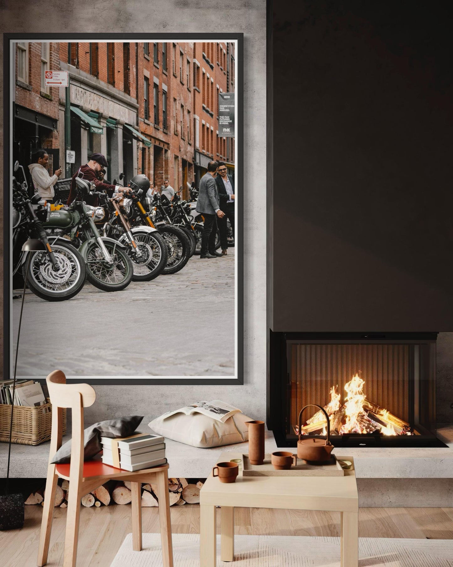 Fine Art Print - New York City Street - Royal Enfield, Cobblestone, Brick Architecture Wall Art | People, Motorcycle by Gil Stunner, Decor