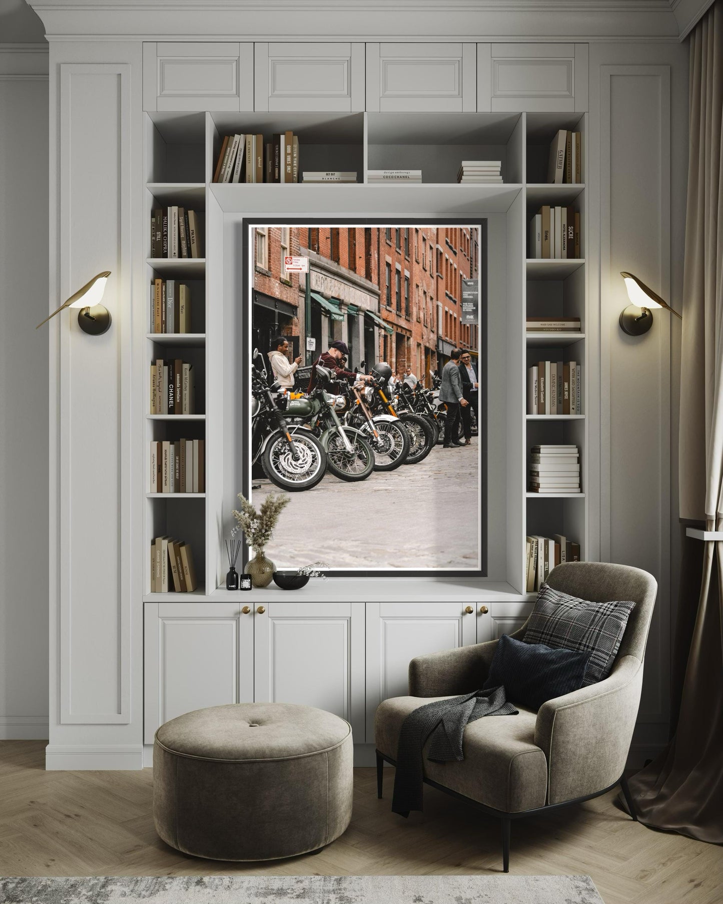 Fine Art Print - New York City Street - Royal Enfield, Cobblestone, Brick Architecture Wall Art | People, Motorcycle by Gil Stunner, Decor