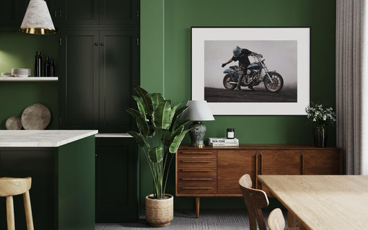 Fine Art Blue Motorcycle Wall Art - Stunt Biker with Burnout Smoke - Dyna Harley Davidson Decor for office, bedroom, Garage, Man Cave Decor