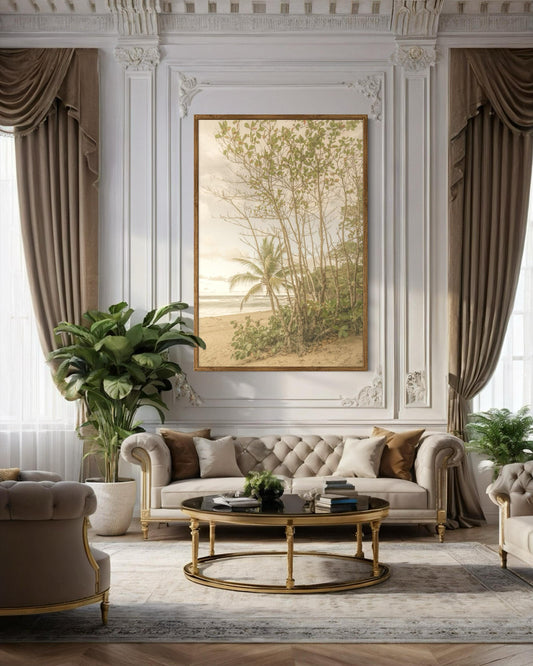 Fine Art Print - Muted Tropical Beach Tree Wall Art by Gil Stunner | Vintage Coastal Decor for Boho Bedroom, Bathroom, or Office