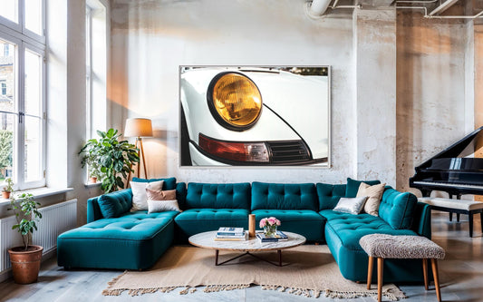 Classic Porsche Carrera Eminent: Artistic Close-Up with American Flag Backdrop - Poster 1/3 Minimalist Retro Art Poster print