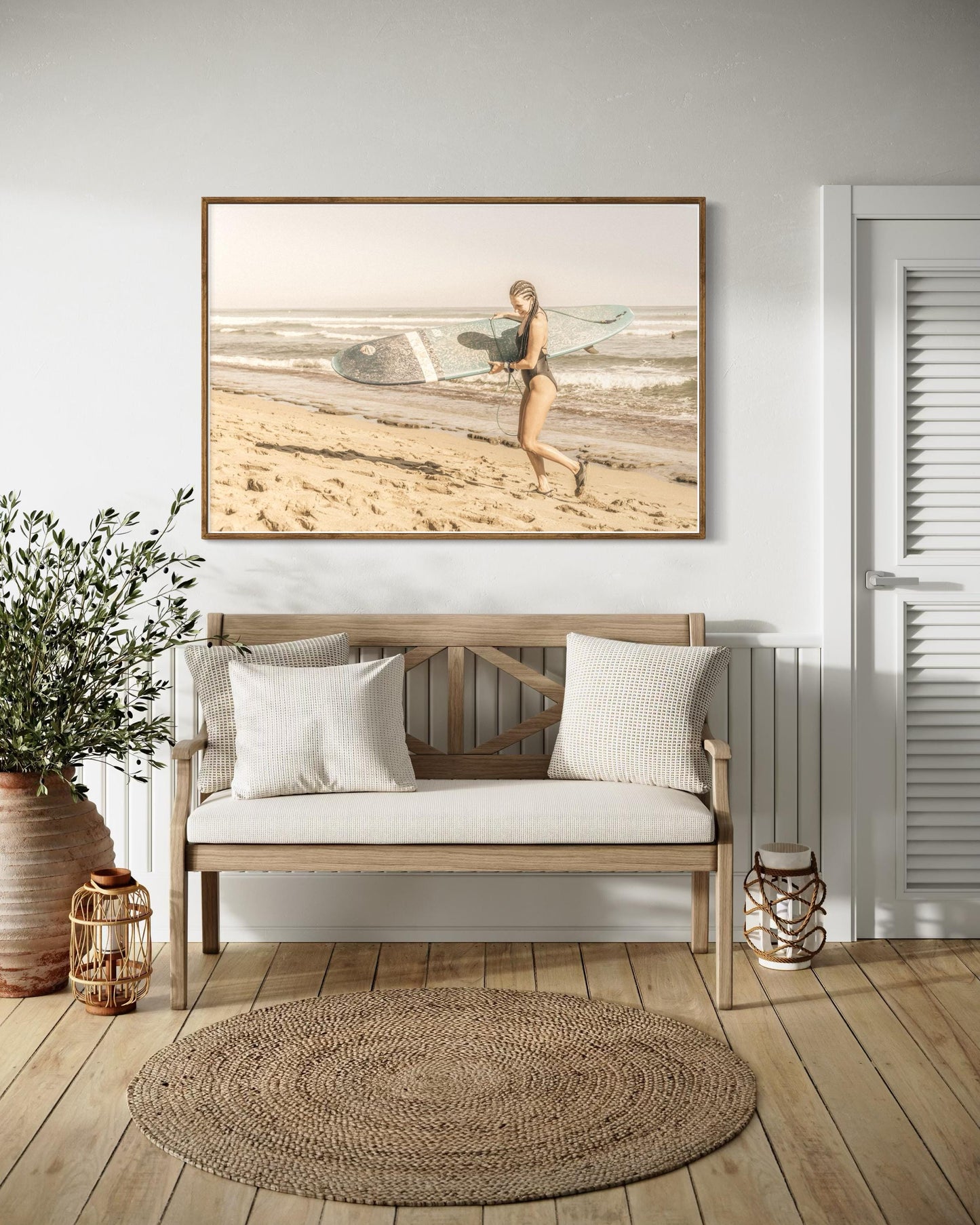 Fine Art Surf Print - Surfer Girl Longboard Lifestyle Beach House -  Print Photography by Gil Stunner, Home Wall Decor, Rustic Decor