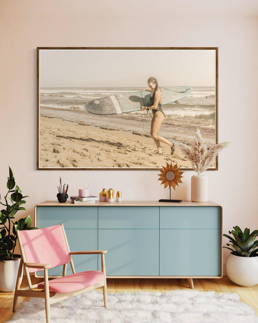 Fine Art Surf Print - Surfer Girl Longboard Lifestyle Beach House -  Print Photography by Gil Stunner, Home Wall Decor, Rustic Decor