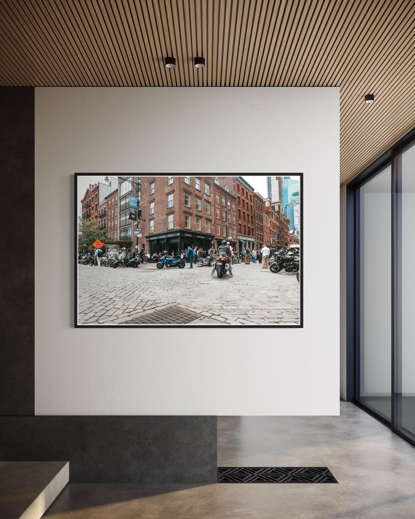 Fine Art Print - Whiskey Bourbon Rye - Wall Street Soho Motorcycle Bar Scene | New York City by Gil Stunner,  Coffee Shop, Garage, Bar Decor