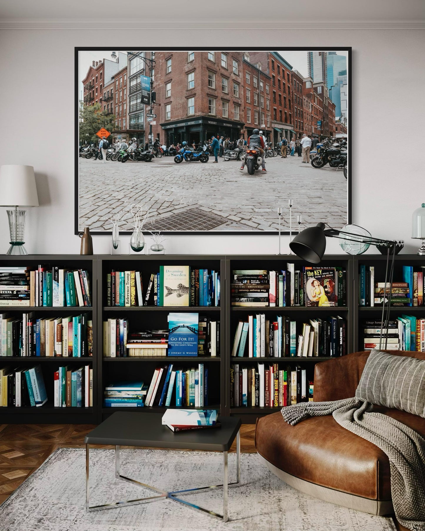 Fine Art Print - Whiskey Bourbon Rye - Wall Street Soho Motorcycle Bar Scene | New York City by Gil Stunner,  Coffee Shop, Garage, Bar Decor