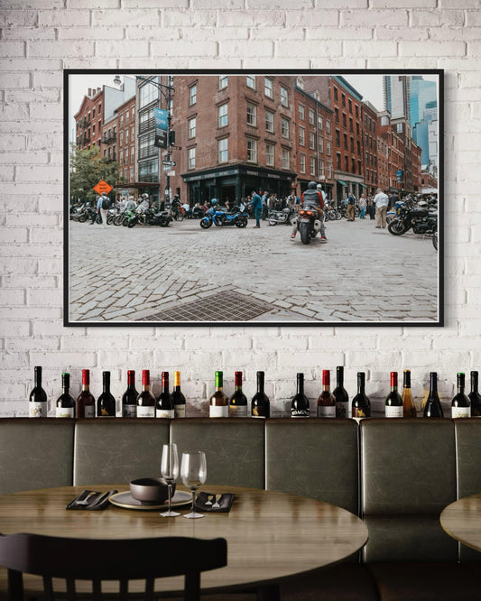 Fine Art Print - Whiskey Bourbon Rye - Wall Street Soho Motorcycle Bar Scene | New York City by Gil Stunner,  Coffee Shop, Garage, Bar Decor