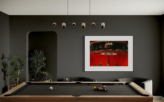 Fine Art Print - Classic Red Porsche 356 Hood Close-Up - 8 ball - Classic Racing Wall Art Poster, for car decor, garage, or office spaces.