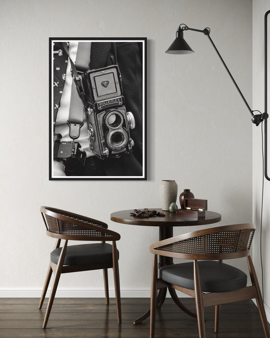 Fine Art Print - Rolleiflex Retro Camera  Vintage Black and White Photography Poster, Gift for Him, Interior Design, Photographer Decor