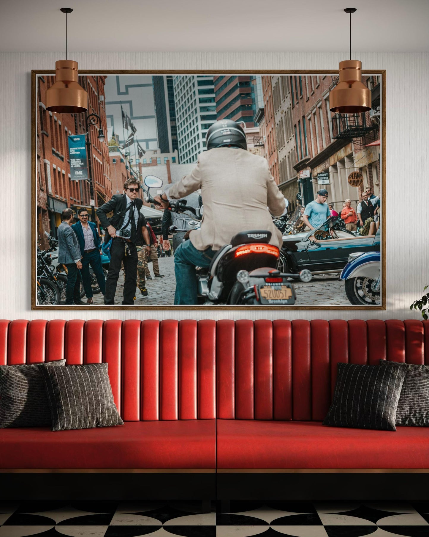 Fine Art Print -Triumph Motorcycle in NYC | Cafe Racer British Americana Motorcycle Wall Art by Gil Stunner, New York City Bar Decor