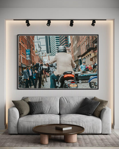 Fine Art Print -Triumph Motorcycle in NYC | Cafe Racer British Americana Motorcycle Wall Art by Gil Stunner, New York City Bar Decor