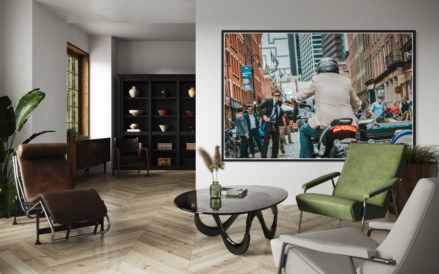 Fine Art Print -Triumph Motorcycle in NYC | Cafe Racer British Americana Motorcycle Wall Art by Gil Stunner, New York City Bar Decor