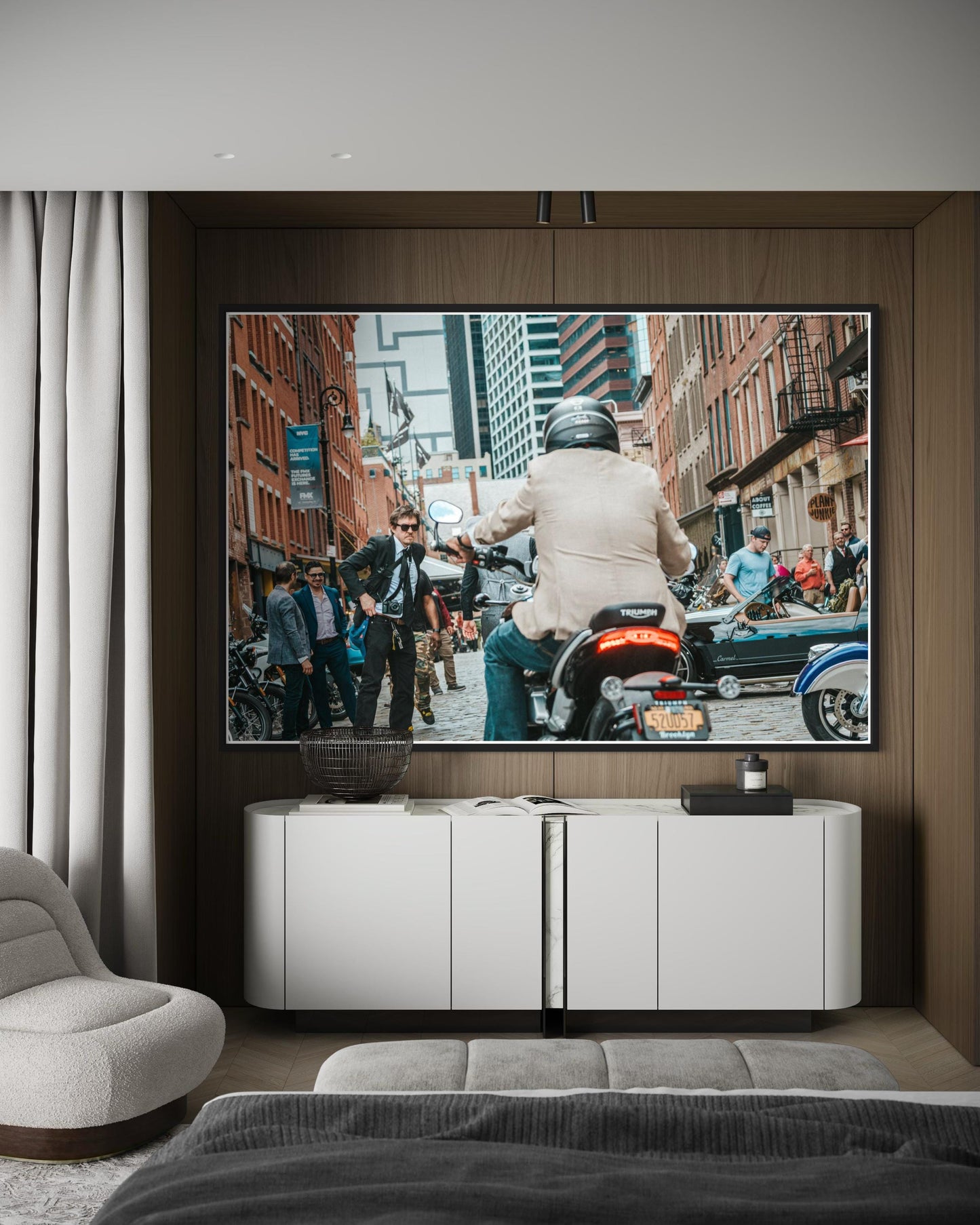 Fine Art Print -Triumph Motorcycle in NYC | Cafe Racer British Americana Motorcycle Wall Art by Gil Stunner, New York City Bar Decor
