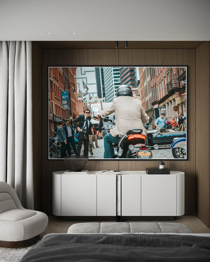 Fine Art Print -Triumph Motorcycle in NYC | Cafe Racer British Americana Motorcycle Wall Art by Gil Stunner, New York City Bar Decor