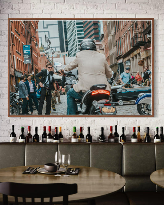 Fine Art Print -Triumph Motorcycle in NYC | Cafe Racer British Americana Motorcycle Wall Art by Gil Stunner, New York City Bar Decor