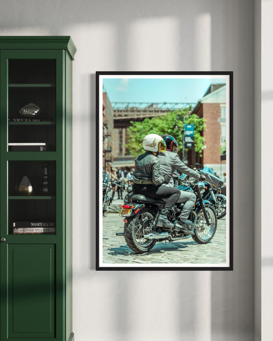 Fine Art Print - Couple on Triumph Motorcycle in NYC | New York City Motorcycle Wall Art by Gil Stunner,  Brooklyn Bridge, Vintage Decor