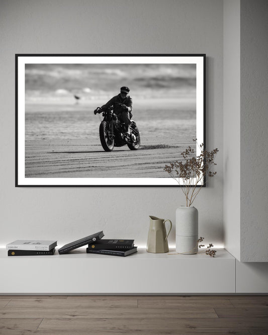 Fine Art Print - Vintage Motorcycle Beach Ride  Black and White Wall Decor, Retro Biker Photography, Gift for Him, Motorcycle Lovers