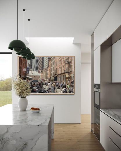 Fine Art Print - New York City Street - Cobblestone, Brick Architecture Wall Art | People, Motorcycle by Gil Stunner, Coffee Shop, Bar Decor