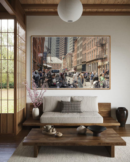 Fine Art Print - New York City Street - Cobblestone, Brick Architecture Wall Art | People, Motorcycle by Gil Stunner, Coffee Shop, Bar Decor