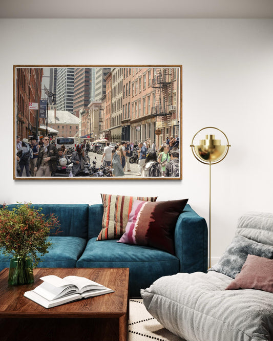 Fine Art Print - New York City Street - Cobblestone, Brick Architecture Wall Art | People, Motorcycle by Gil Stunner, Coffee Shop, Bar Decor