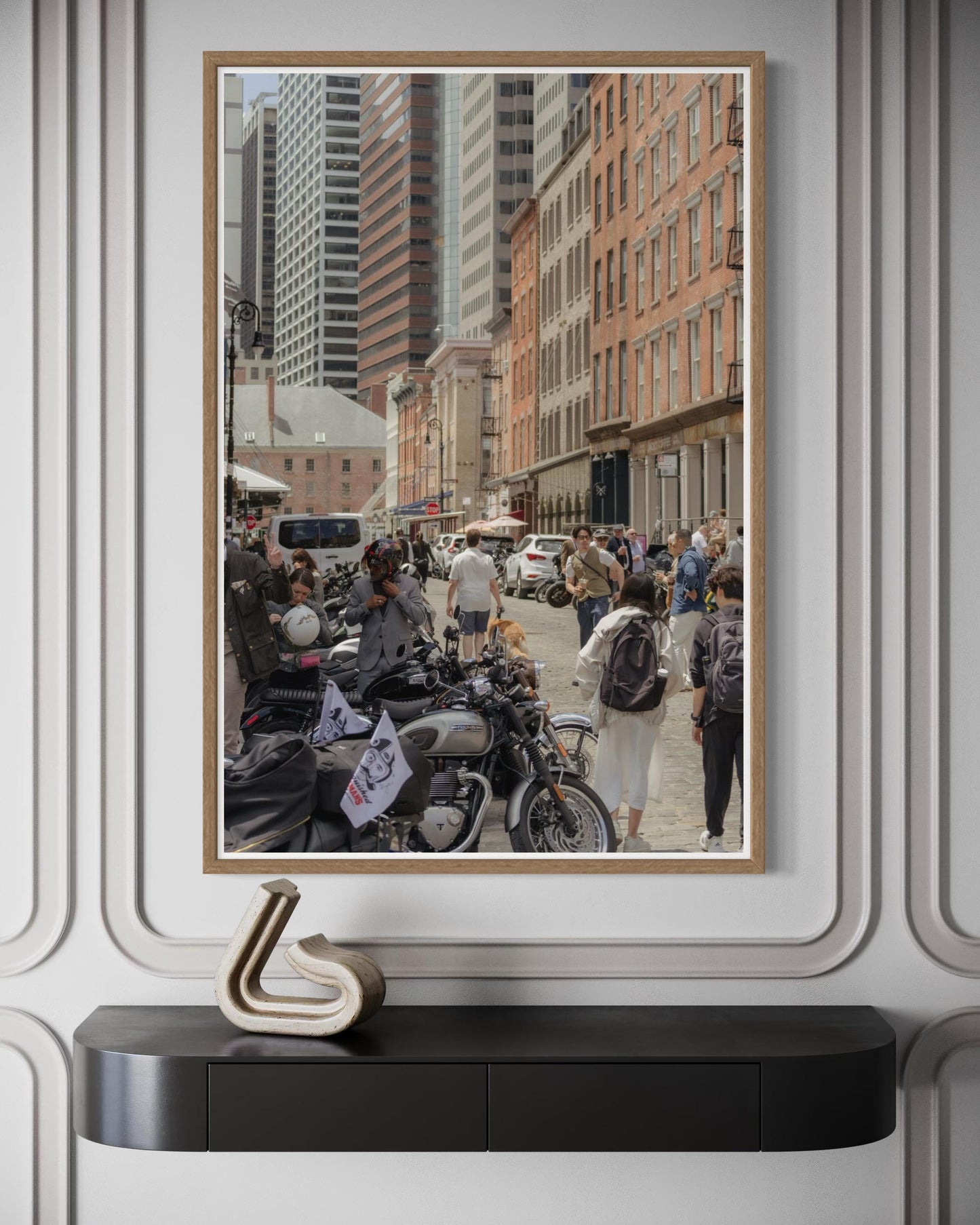 Fine Art Print - New York City Street - Cafe Racer, Cobblestone, Brick Architecture Wall Art | People, Motorcycle by Gil Stunner, Decor