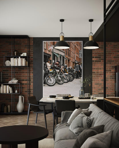 Fine Art Print - New York City Street - Royal Enfield, Cobblestone, Brick Architecture Wall Art | People, Motorcycle by Gil Stunner, Decor
