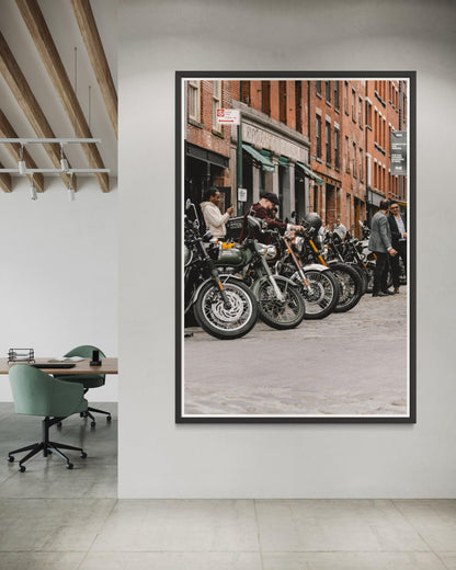 Fine Art Print - New York City Street - Royal Enfield, Cobblestone, Brick Architecture Wall Art | People, Motorcycle by Gil Stunner, Decor