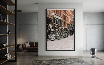 Fine Art Print - New York City Street - Royal Enfield, Cobblestone, Brick Architecture Wall Art | People, Motorcycle by Gil Stunner, Decor