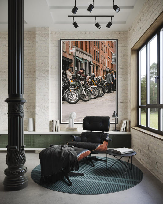 Fine Art Print - New York City Street - Royal Enfield, Cobblestone, Brick Architecture Wall Art | People, Motorcycle by Gil Stunner, Decor