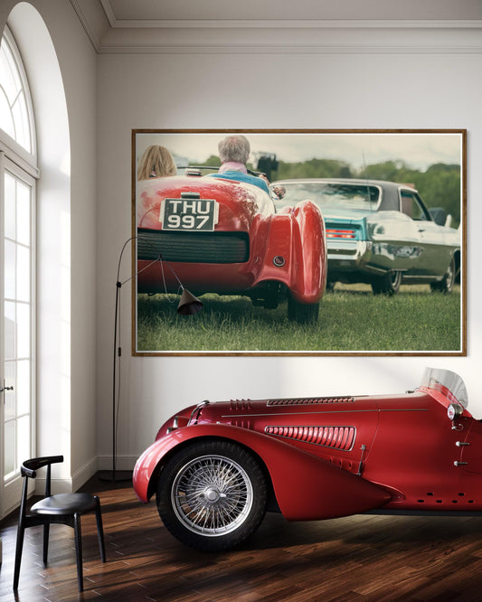 Fine Art Print -  Vintage Red Race Car and Buick Riviera Wall Art by Gil Stunner, Classic Car Decor, gift for him ideas, Father's Day, dad