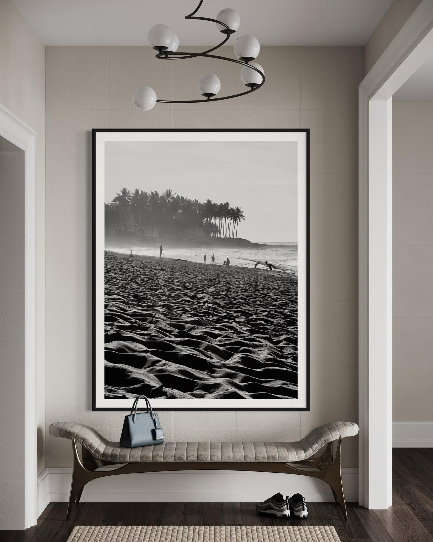 Fine Art Print - Black and White Coastal Beach Sand and Palm Trees - Island Travel Ocean Wall Art Home Wall Decor, Gift for her, Boho Decor