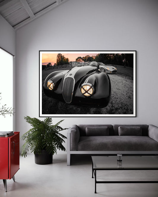 Fine Art Print - Sunset Art Deco Classic Jaguar XK120, The Black Cat, Runge Veleno Wall Art, Vintage Car, Garage Decor, Man Cave Decor, gift