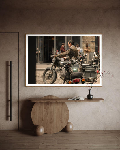 Fine Art Print - Royal Enfield x Triumph Motorcycle Bar Scene | Cafe Racer Wall Art | New York City Bar Decor by Gil Stunner,  gift for him