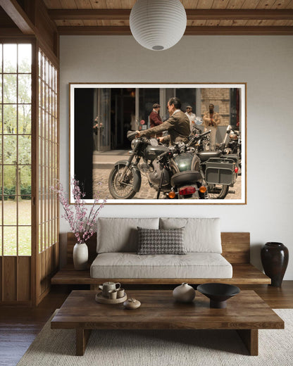 Fine Art Print - Royal Enfield x Triumph Motorcycle Bar Scene | Cafe Racer Wall Art | New York City Bar Decor by Gil Stunner,  gift for him