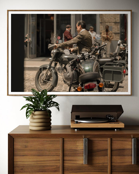 Fine Art Print - Royal Enfield x Triumph Motorcycle Bar Scene | Cafe Racer Wall Art | New York City Bar Decor by Gil Stunner,  gift for him