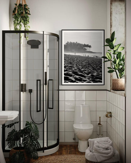 Fine Art Print - Black and White Coastal Beach Sand and Palm Trees - Island Travel Ocean Wall Art Home Wall Decor, Gift for her, Boho Decor